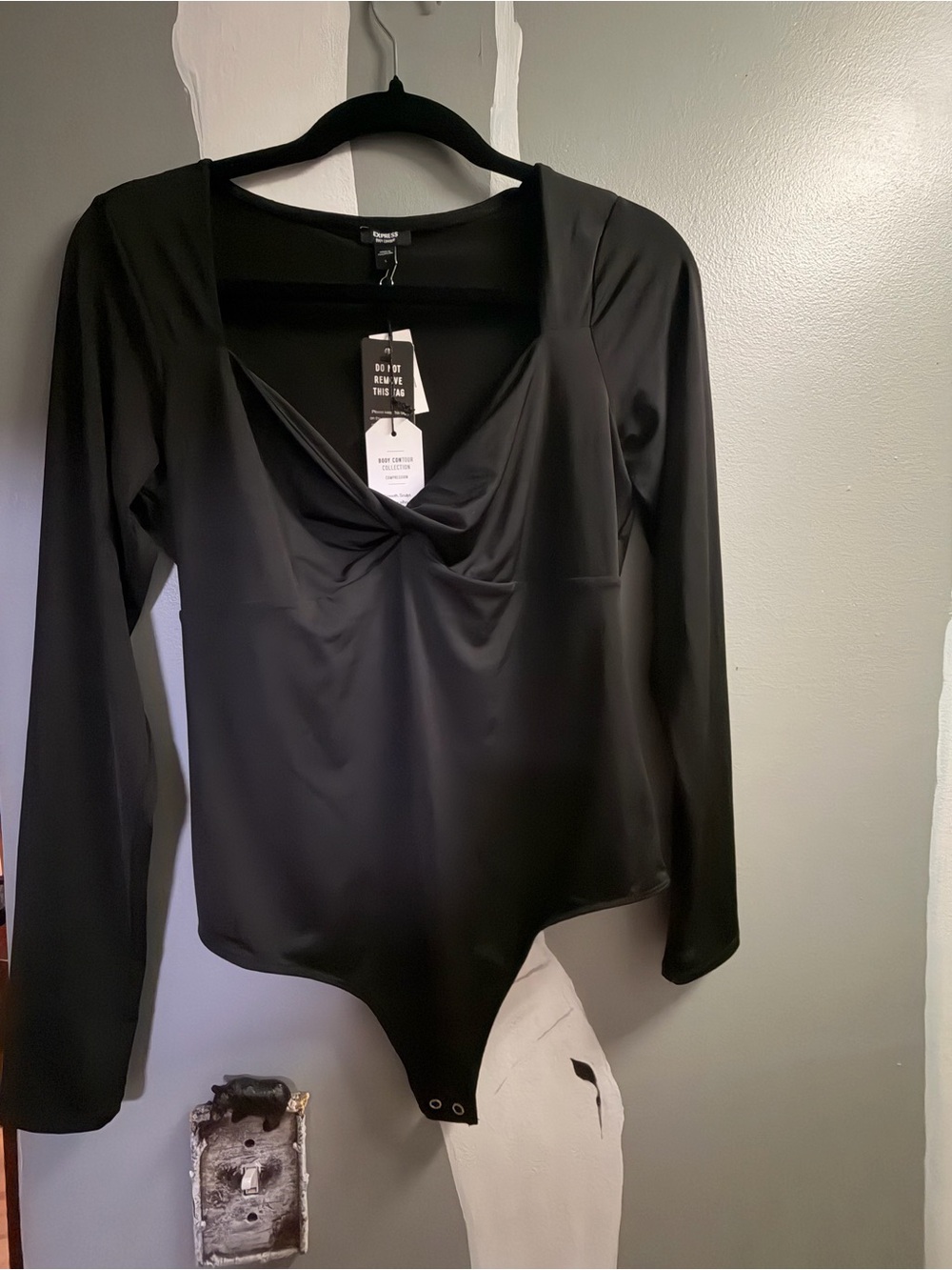 Express Black Long-Sleeve Twist-Front Bodysuit